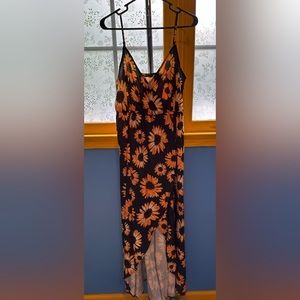 Black, spaghetti, strap, sunflower, print large dress